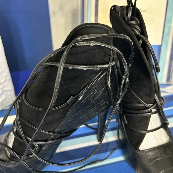 New black open croc animal print lace up high heel pointed pump boots - Picture 16 of 16